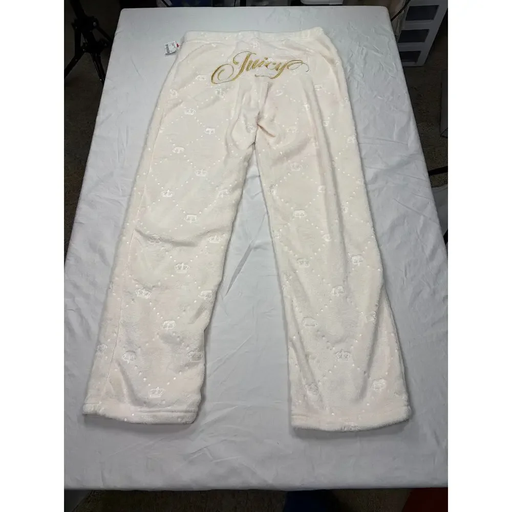 NWT Juicy Couture fuzzy fleece 2 pc set. crown embossed, Juicy chest, butt. Sz L
